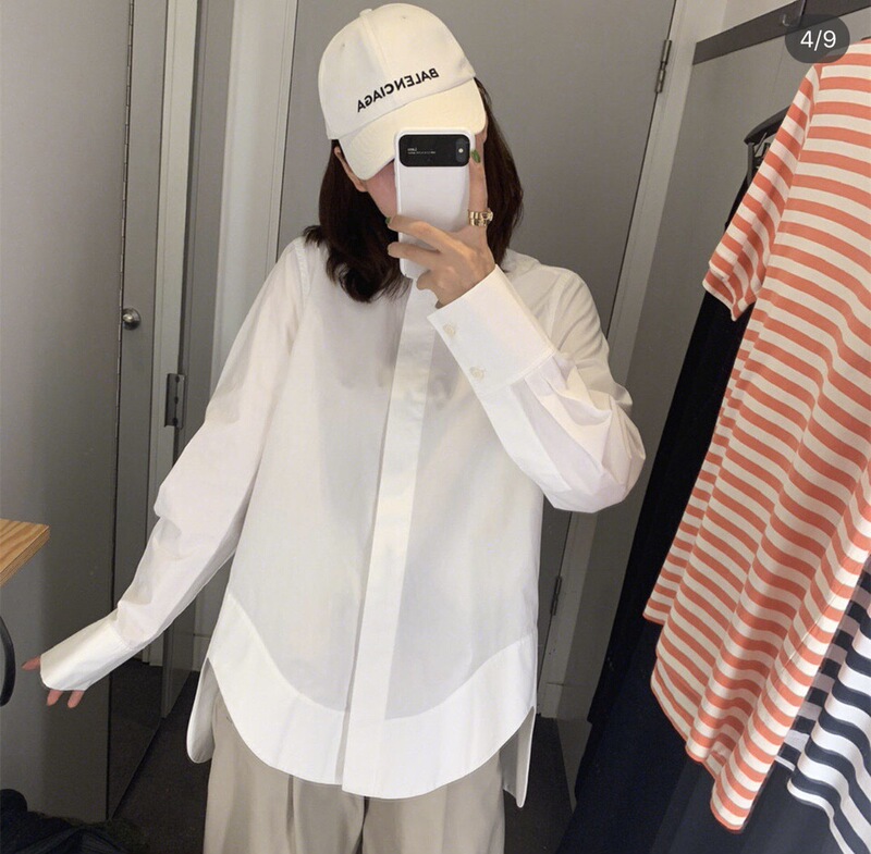 Cos Cotton Shirt with Cleverly Designed Curved Hem, Loose Silhouette, Lazy Artistic Style, Long-Sleeved Shirt with Shell Buttons