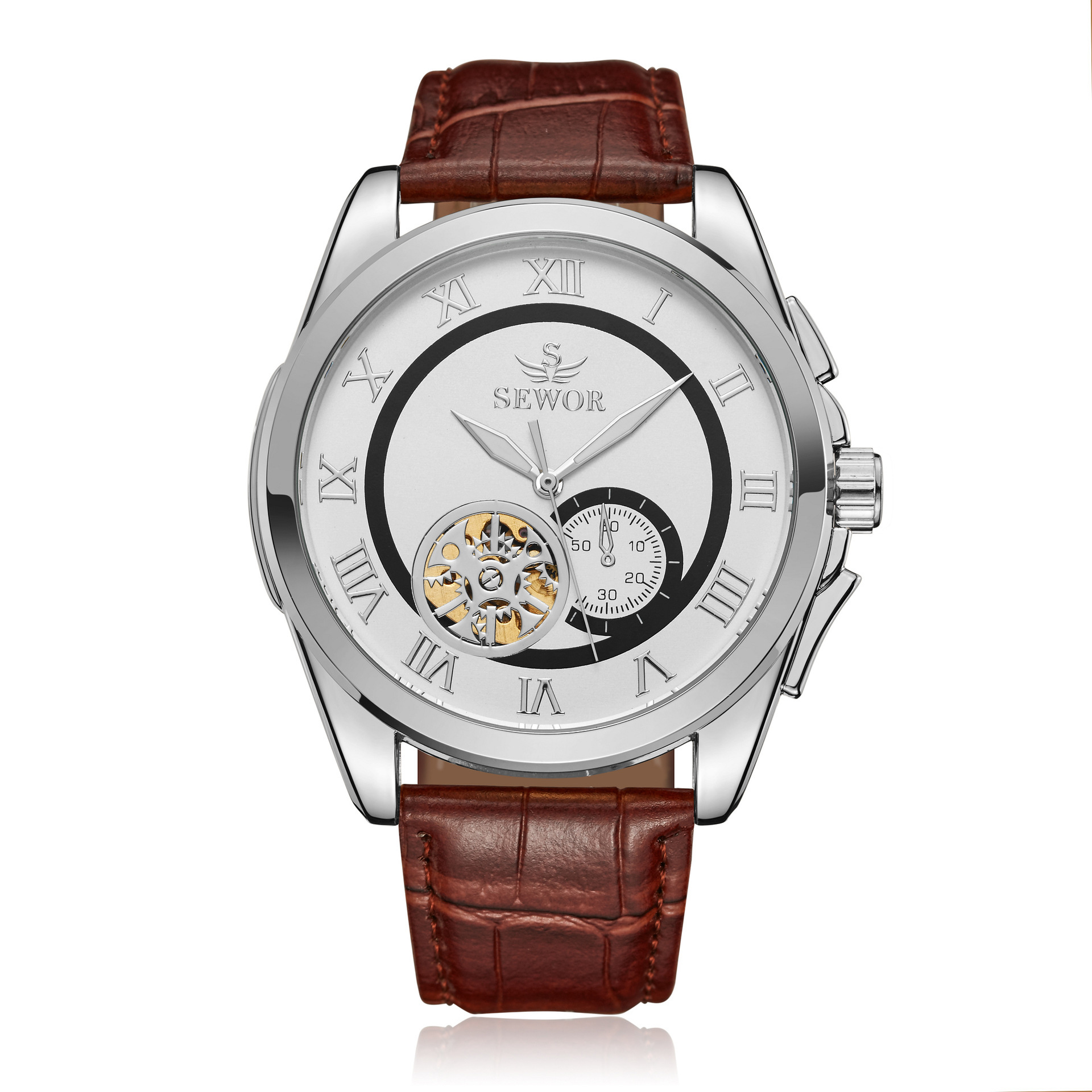 SEWOR reloj mecánico automático de los hombres huecos escala romana Correa casual reloj transfronterizo con transporte de carga