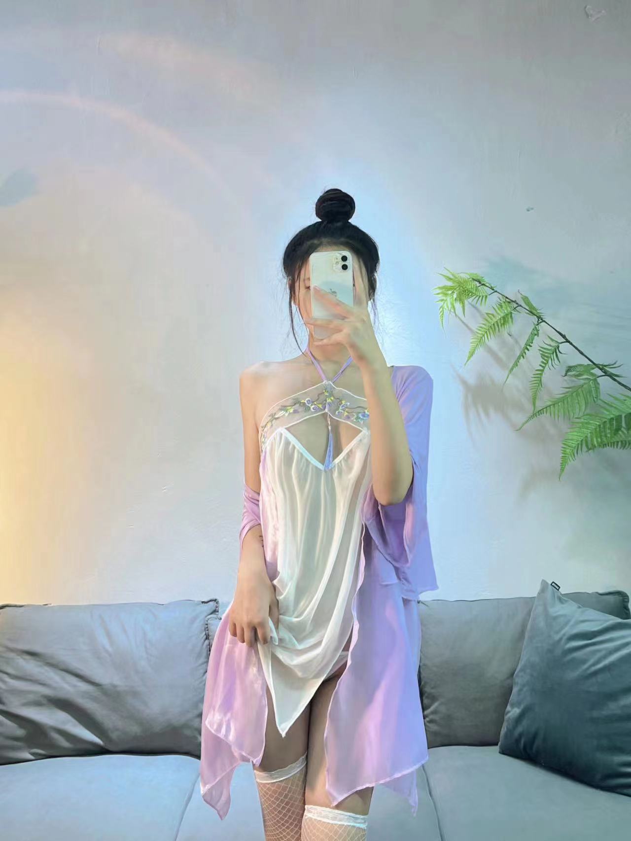Maid Roleplay Costume Set with Halter Hanfu Top, Chiffon Fabric, Purple Three-piece — detail image 2