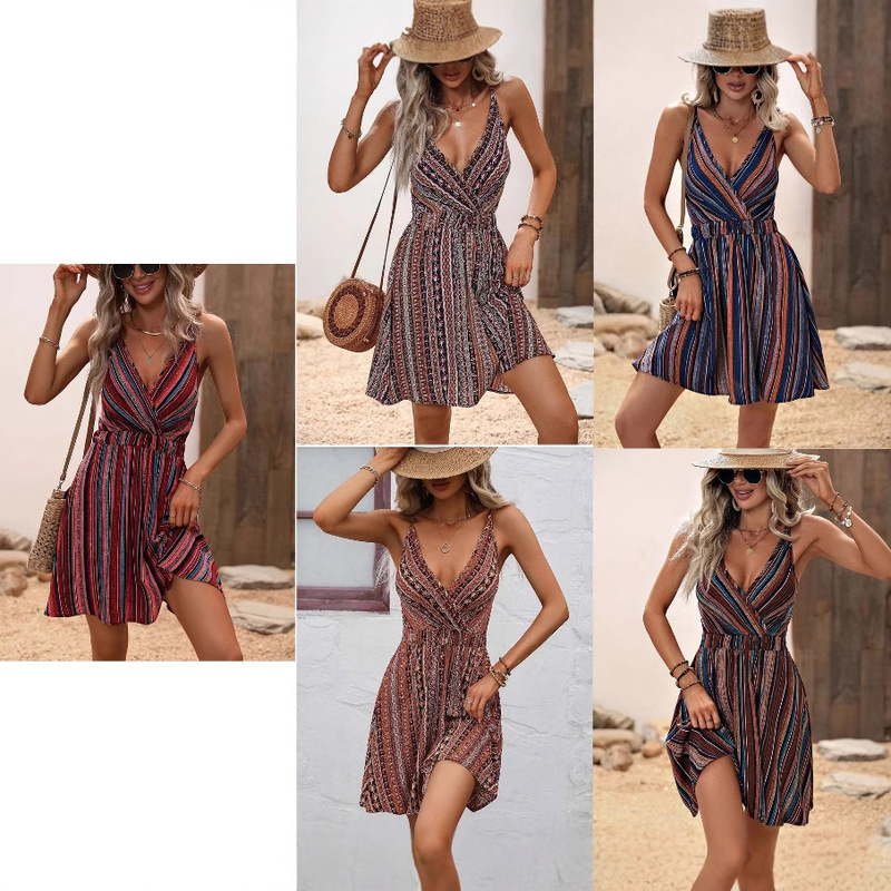 In-Stock Popular European and American Women's Dress 2025 Summer Striped Wrap V-Neck Spaghetti Strap Elastic Camisole Dress In-Stock Popular European and American Women's Dress 2025 Summer Striped Wrap V-Neck Spaghetti Strap Elastic Camisole Dress