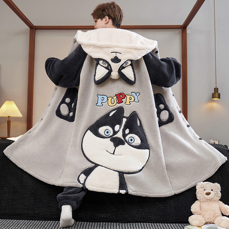 2026 Winter New Men's Plush Thickened Pajamas Men's Youth Robe Set Home Wear