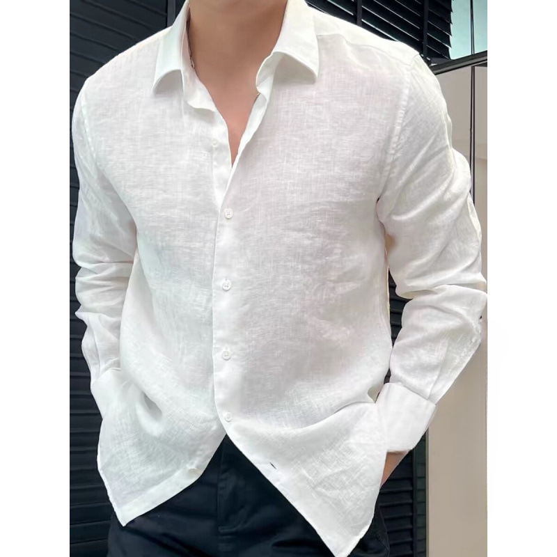 Cross-Border Spring and Summer New Style Sun Protection Clothing Linen Solid Color Long-Sleeved Shirt Men's Loose and Versatile White Top
