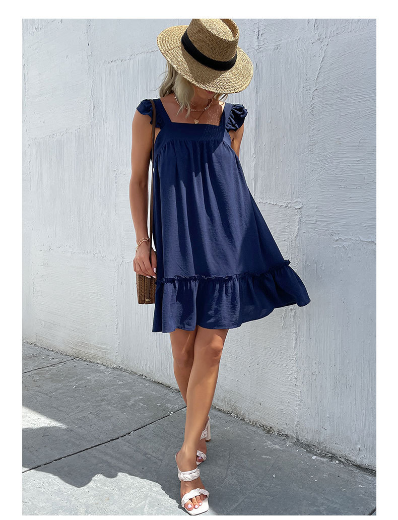 Casual Solid Color Square Neck Sleeveless Patchwork Ruffles Spandex Polyester Above Knee A-Line Skir