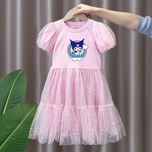 Summer princess dress for girls, children bubble sleeve chiffon dress, Kuromi dress for girls, A-line medium-length dress