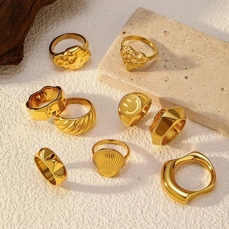 欧美跨境复古小众ins不锈钢戒指气质轻奢压纹不规则闭口钛钢戒指