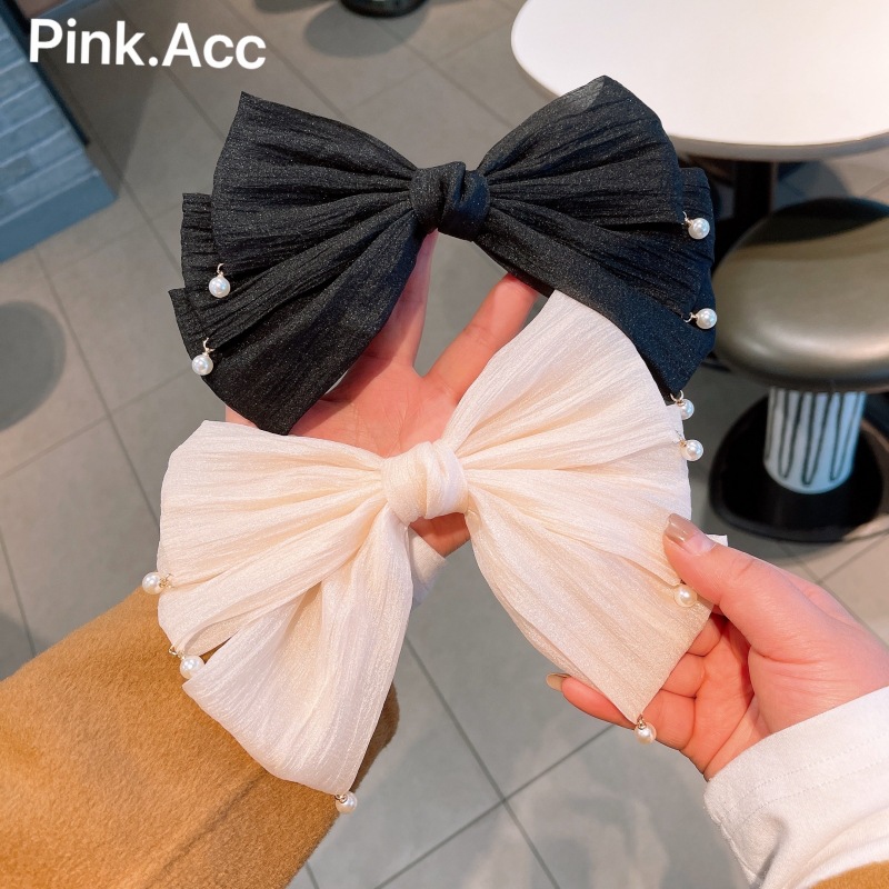 Fairy drops ~ retro early spring ins crumpled yarn large version three-layer bow pearl pendant small fragrant style hairpin