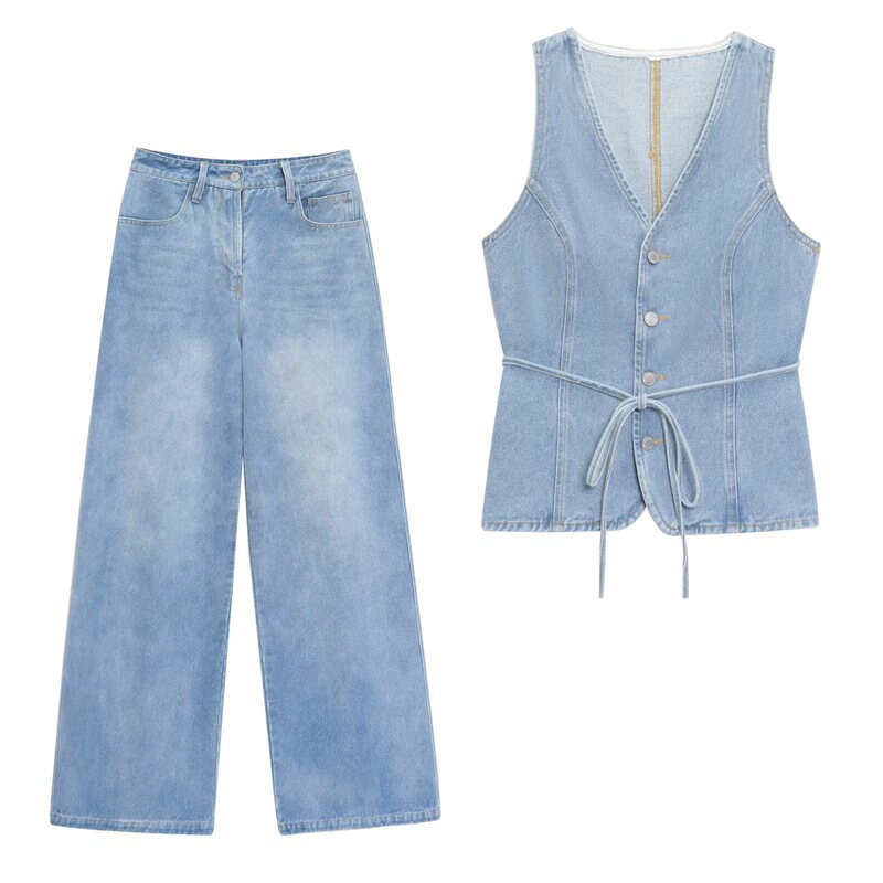 Taop&Za Early Autumn New Women's Commuter Fashion V Neck Sleeveless Waist Vest Wide-Leg Jeans Suit