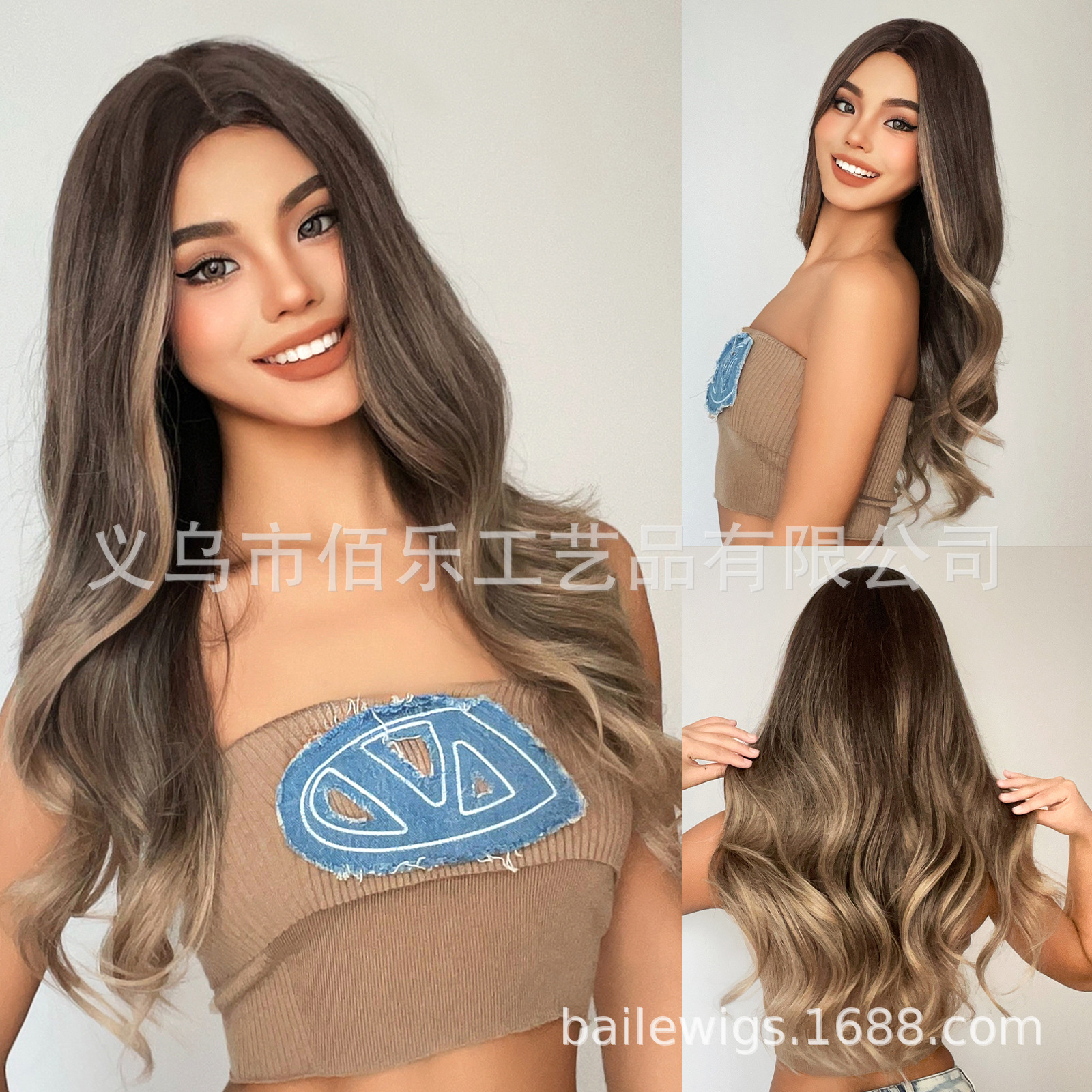 Peruca marrón picante teñido gradiente cubierta de cabeza completa longitud de cabello rizado transfronterizo venta al por mayor spot cabello