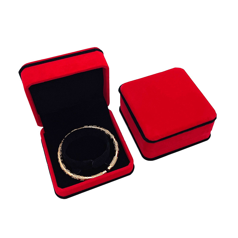 红色加黑边圆角绒布手镯盒首饰盒手串盒长毛绒面手链盒珠宝收纳盒