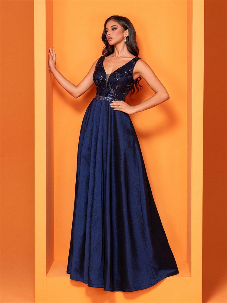 Sexy V neck Sequ Floor Length Evening Dress Elegant Sleeveless a Swing Cocktail Party Party Dress