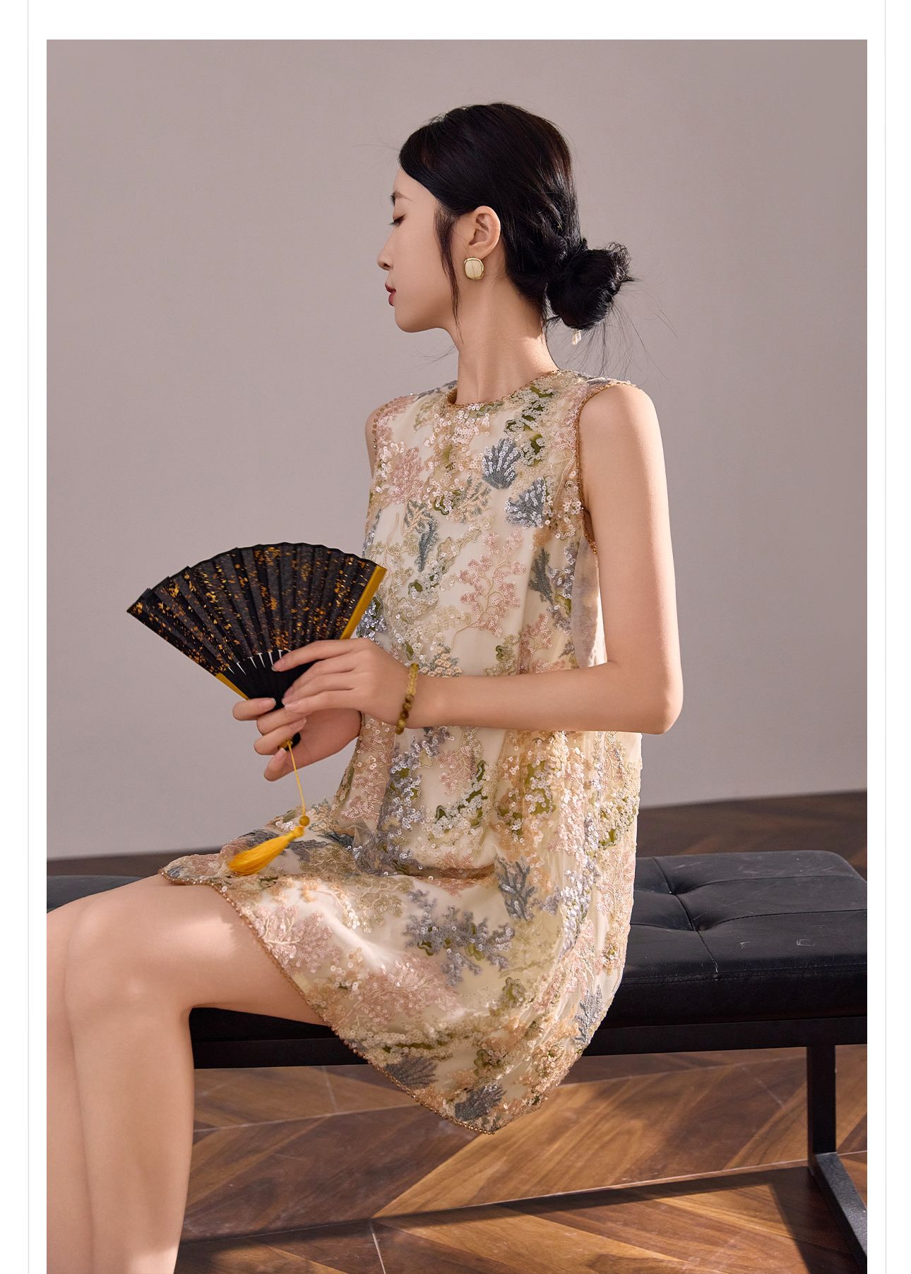 Đầm suông nữ midi tân cổ điển không tay, thêu đính cườm sequin, form chữ A — màu mơ chi tiết 5