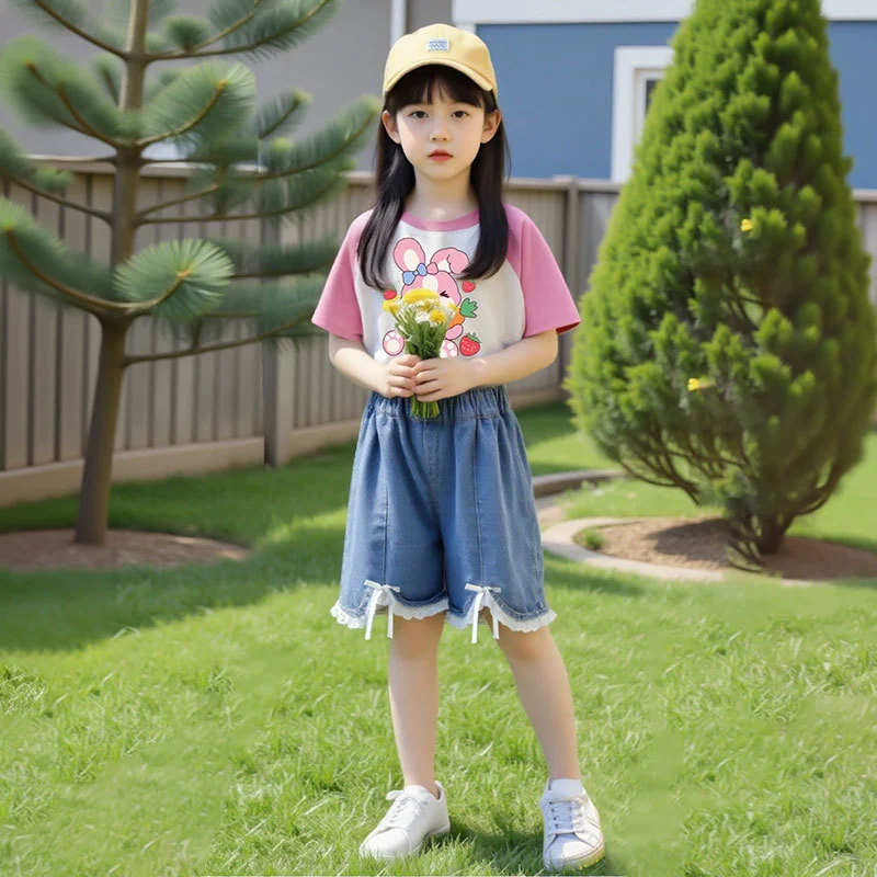 Summer set, cartoon denim short sleeve T-shirt, shorts, trousers, Korean style