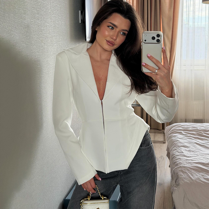 Qadın V-yaxalı slim blazer, düz rəngli, 2026 yaz kolleksiyası