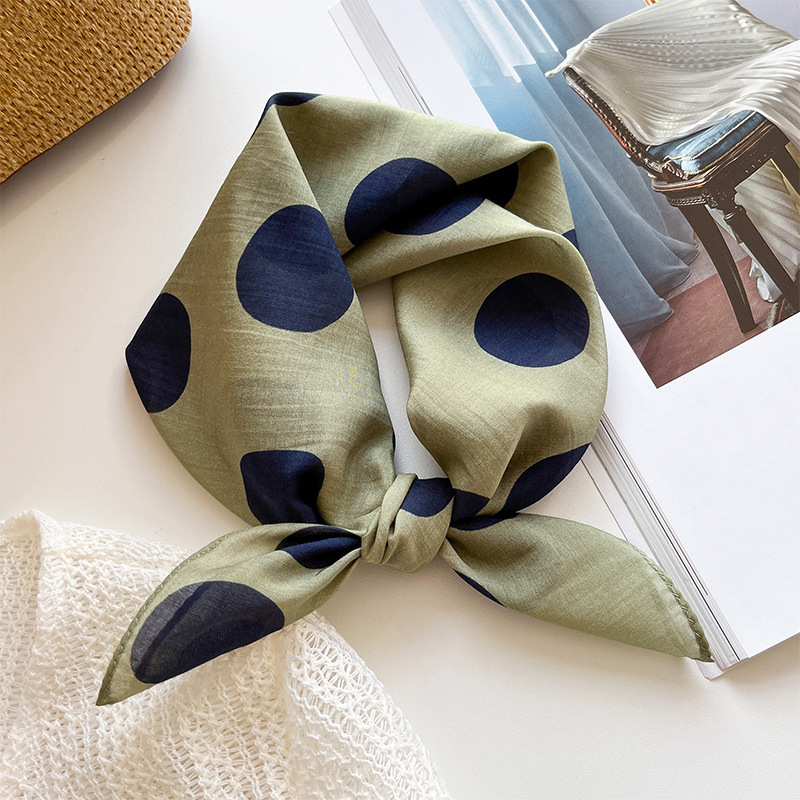 Summer Thin Silk Cotton Small Square Scarf Polka Dot Silk Scarf Women's Spring and Summer Blocking Belt Sunshade Silk Cotton Blended Scarf Headscarf