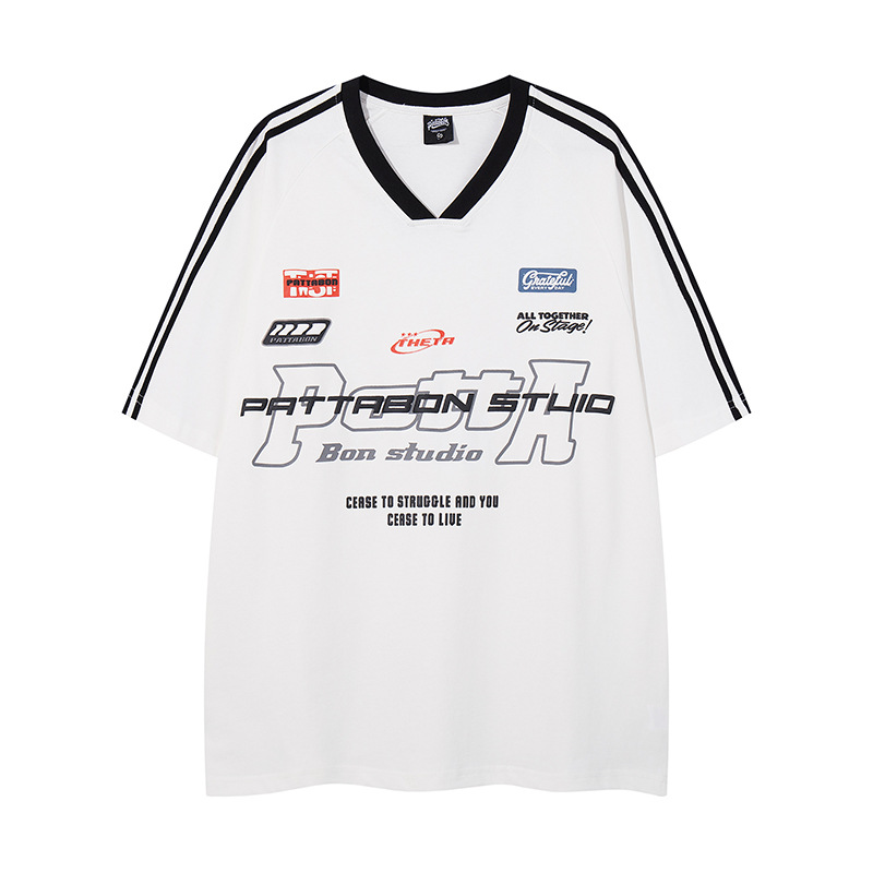 TKPA Pure Cotton Trendy T-Shirt American Street Fashion Brand Letter Printing Sports Jersey V-neck Short Sleeve T-Shirt Men's and Women's Trendy 