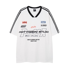 TKPA Pure Cotton Trendy T-Shirt American Street Fashion Brand Letter Printing Sports Jersey V-neck Short Sleeve T-Shirt Men's and Women's Trendy 