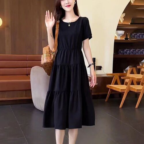 Fashionable casual dress for women 2025 summer new style temperament Korean style waist covering belly and slimming medium and long a-line dress