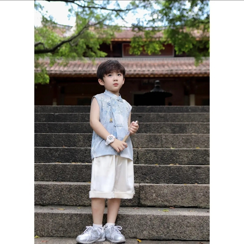 男童夏装宝宝儿童夏季2025国风套装新款汉服衬衫两件套无袖背心潮|undefined