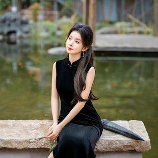 2024 Black Long Cheongsam Artistic Retro Slim Fit dress