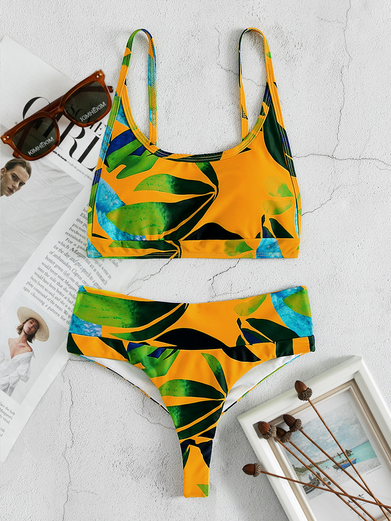 Printed High Waist Split Swimwear 2 Piece Set NSZO109448