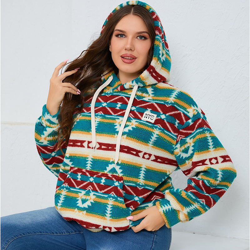 Women's Clothing striped hooded large size sweatshirt thickened loose casual long sleeved plush large pocket top_voghion.com