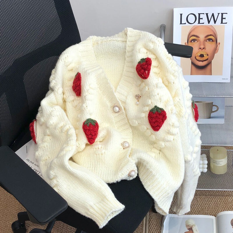 Strawberry Gentle and Sweet Knitted Sweater Cardigan Jacket for Women Autum Thickeneded 2025 New Outer Long-Sleeved Top