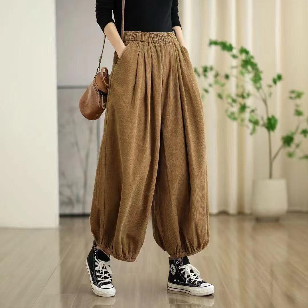 秋款复古全棉灯芯绒长裤女系带宽松显瘦灯笼裤100%棉条绒哈伦裤