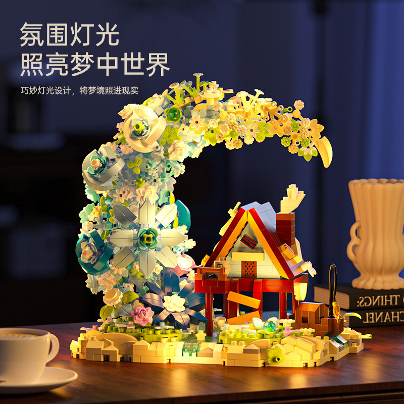 Compatible con cuento de hadas luna casa de madera alta imortalidad ramo de flores vista de la calle ensamblaje bloques de construcción juguetes para niños regalos de día de San Valentín