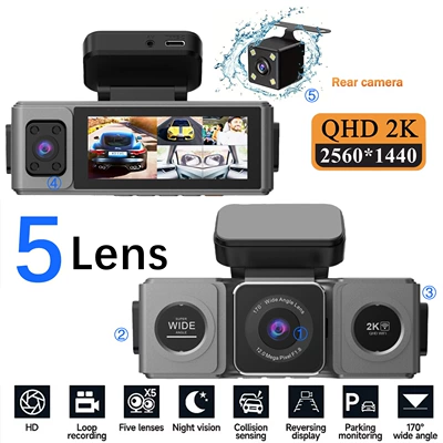 Cross-border five-lens dashcam with high-definition 2K wide-angle night vision, WiFi, front and rear in-car recording device (Driving recorder)