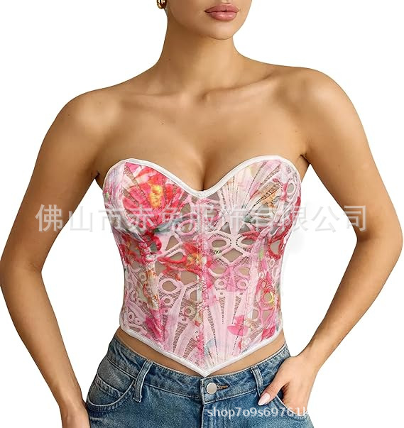 1 blusa de corsé en forma de corazón bordada con malla de malla de mujer y flores con hueso de pescado atado en la parte trasera image 8