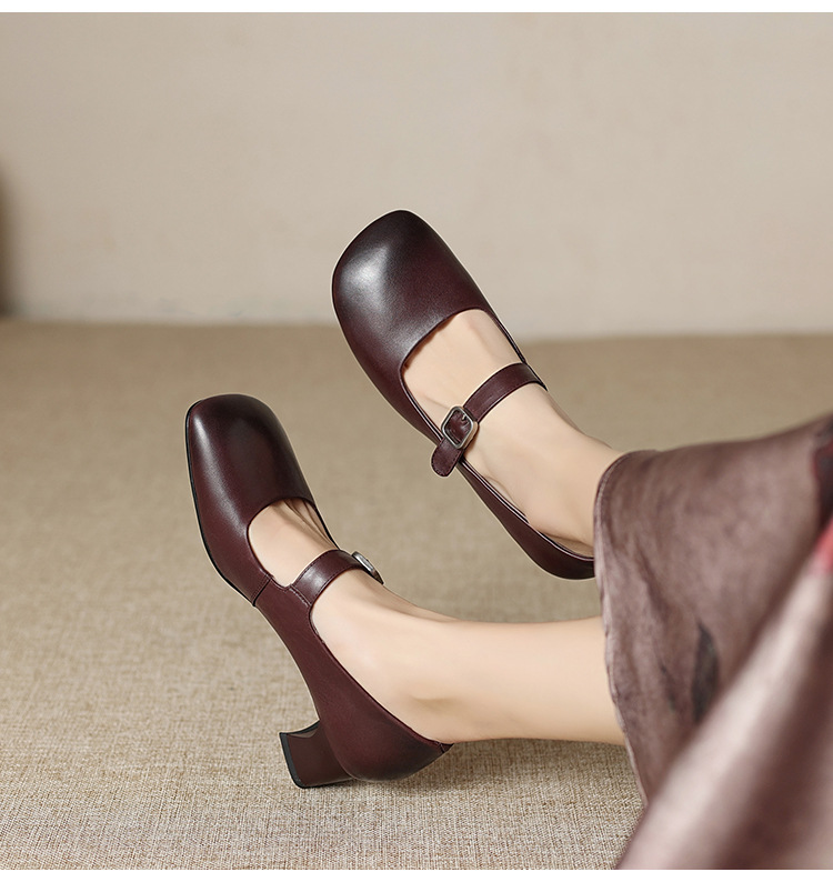 Giày Mary Jane nữ da bò mũi vuông quai ngang gót 4 cm — màu nâu chi tiết 8