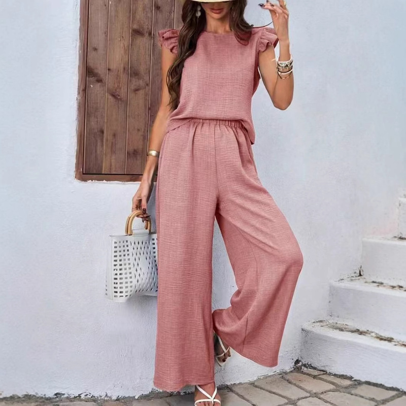 Summer 2025 New Cross-border Independent Station Solid Color Elegant Two-piece Crewneck Vest and Wide Leg Pants suit Women's Clothing