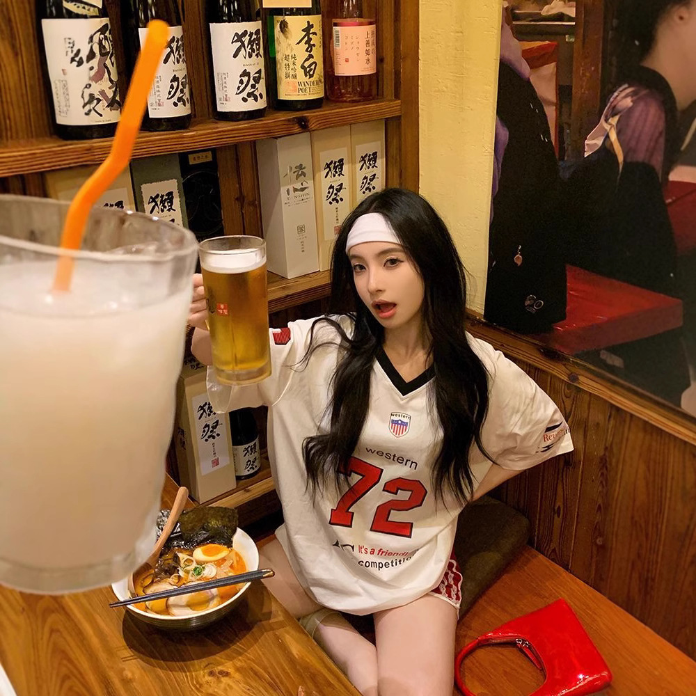 【自社工場在庫あり】レタープリント半袖ルーズTシャツレディース夏カジュアルスポーツジャージVネックトップス