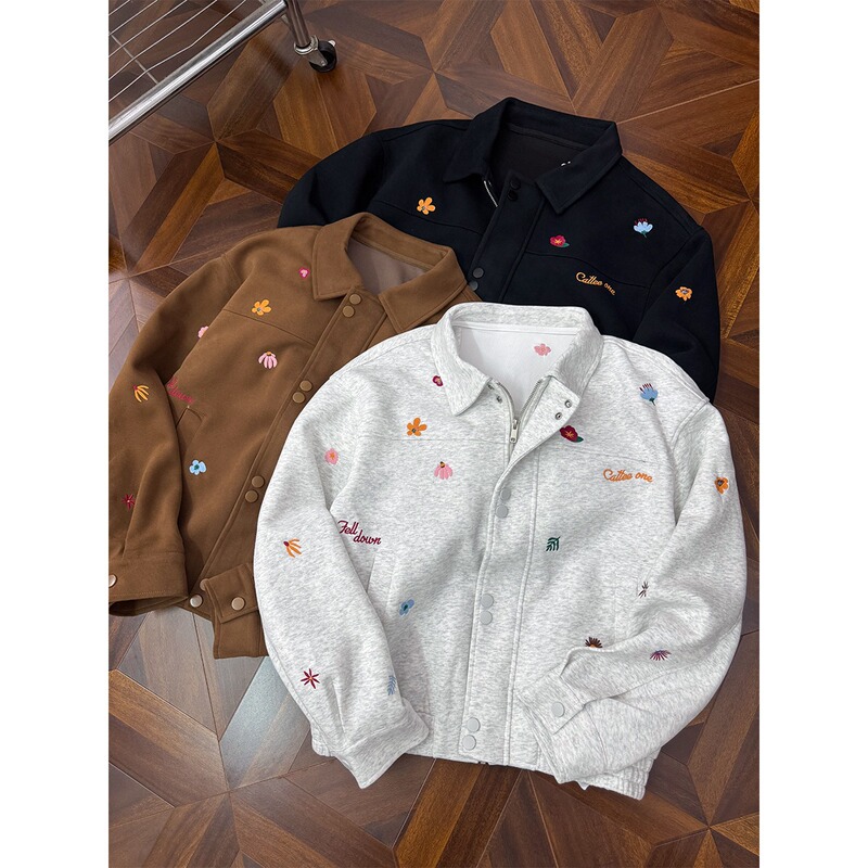 Chinese Trendy Brand Floral Embroidery Jacket Men 2025 Autumn New Turn-Down Collar Couple Retro Versatile Sweatshirt Work Jacket