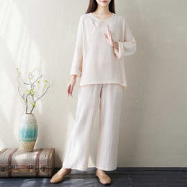 2025春新款复古民族风改良纯色文艺禅意茶服盘扣长袖上衣两件套
