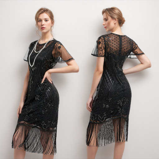 European and American 1920s vintage Gatsby tassel dress dress ball party sequined beaded mesh plus size dress