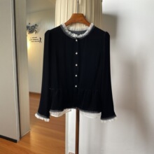 木耳边欧根纱拼接真丝丝绒上衣女早秋薄款 法式复古伞状下摆衬衣