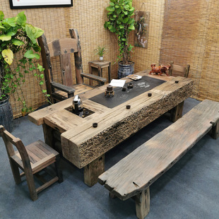 Old boat wood tea table and chair combination outdoor Chinese solid wood old tea table outdoor courtyard original ecological retro coffee table