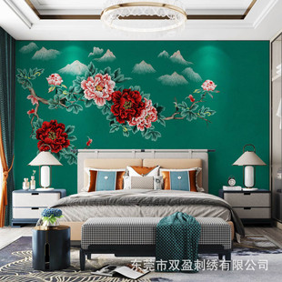 Peony embroidery background wall single embroidered wall cloth living room sofa background bedroom bedside embroidery new Chinese high-end hanging painting