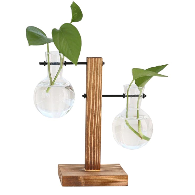 Soporte de madera creativo florero hidropónico florero de vidrio de rábano verde arreglo floral contenedor decoración de escritorio decoración del hogar