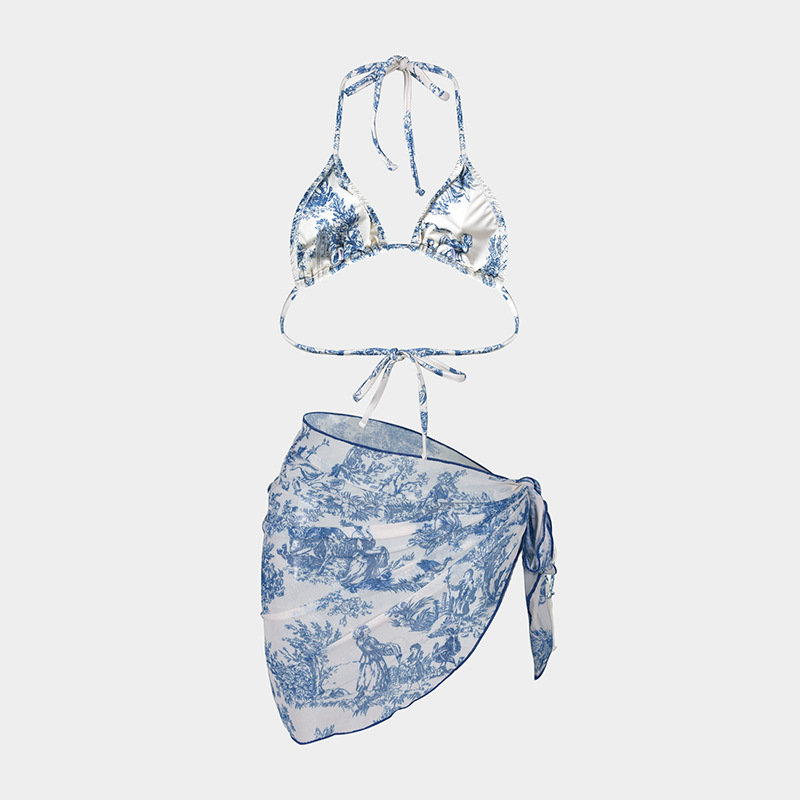 36g Weight Sleeveless Sleeve Length Polyester Fabric Type 3 Pieces Set Quantity Beach, Swimming Occasion Halter Neck Neckline Slim Fit Type Ditsy Floral Pattern Women's Gender Sexy Style Women's Sexy Ditsy Floral 3 Pieces Set Bikinis Swimwear 23