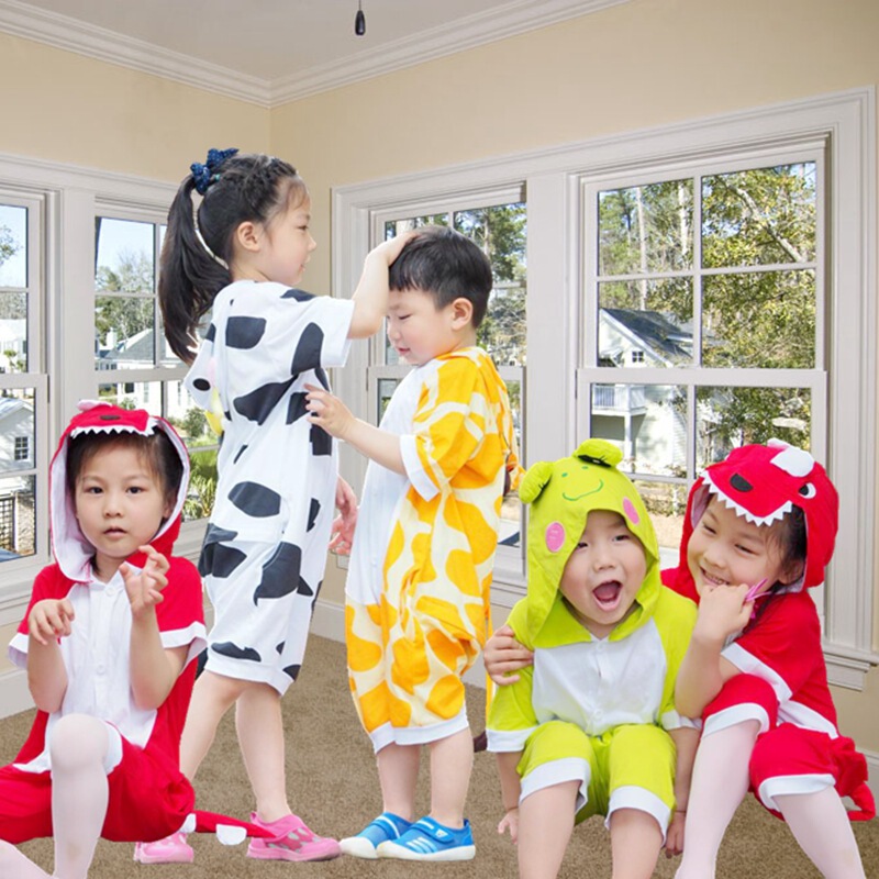 Summer Thin Children's One-Piece Pajamas Cartoon Dinosaur Onesie for Ages 3-8, Moisture-Wicking Loungewear