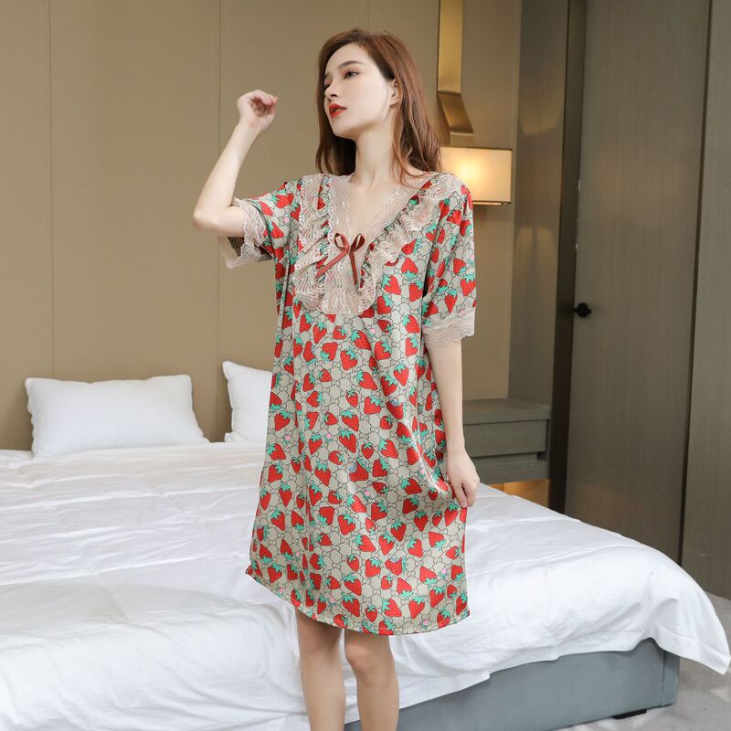 Strawberry Nightgown Women's Summer Thin Ice Silk Sexy Short-sleeved Printed Pajamas Pregnant Women's Loose Outer Wear Home Clothes