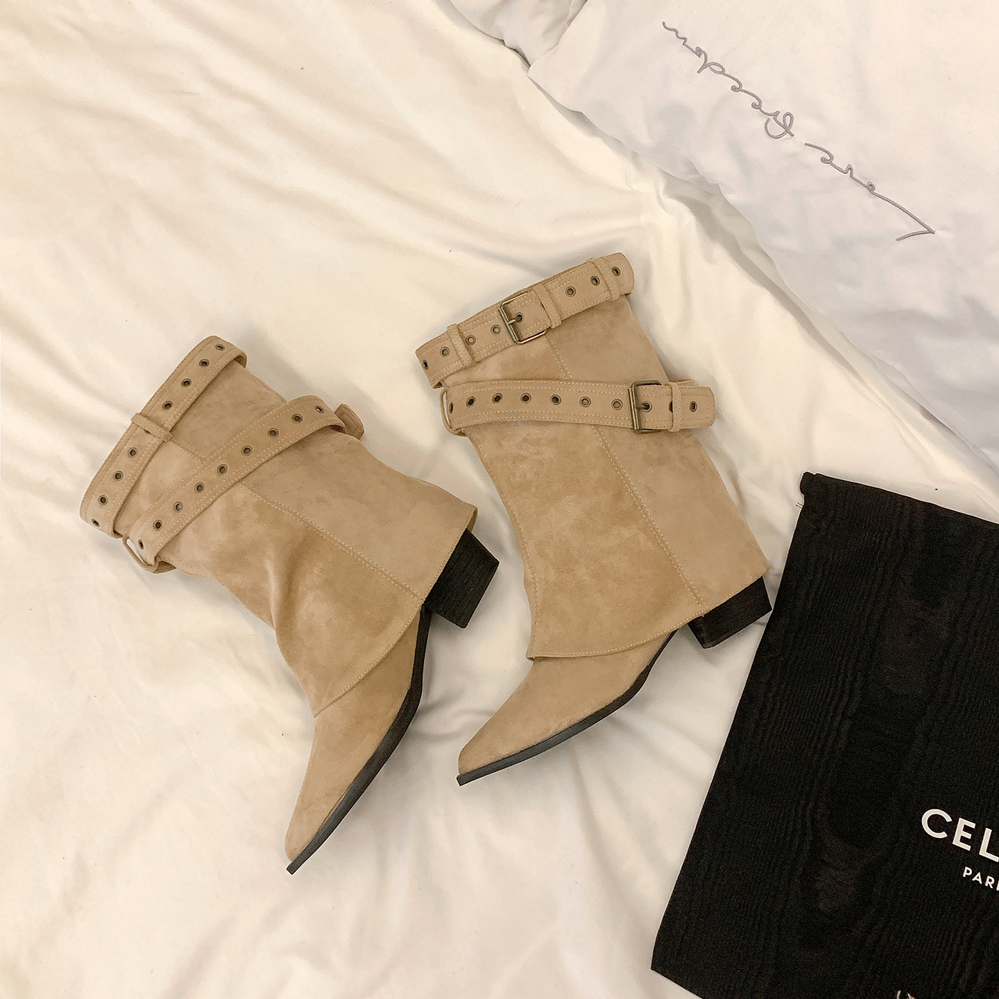 Cowhide Version! Hot Girl's Short Boots, Women's Thick Heel Maillard Mid-Calf Boots, Elegant Pointed Toe Slimming Look Knight Boots