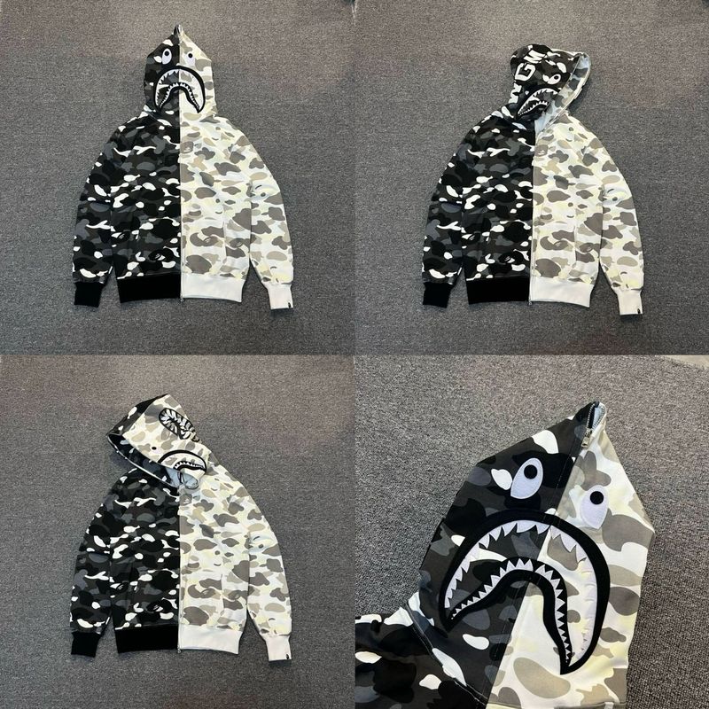 トレンディなブランド BAPE サメ迷彩ジッパースウェットシャツ男性と女性のカップル用ルーズトレンディなベルベットフード付きカーディガンジャケット男性用|undefined