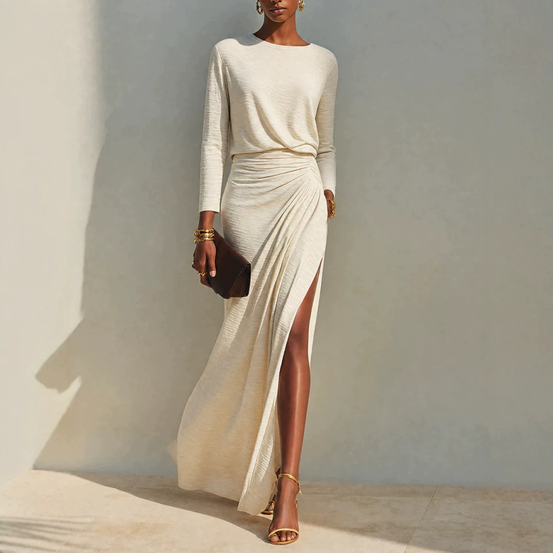 2026 New European and American Fall/Winter Women's Simple Elegant Cotton Blend Round Neck Pleated Slit Long Dress