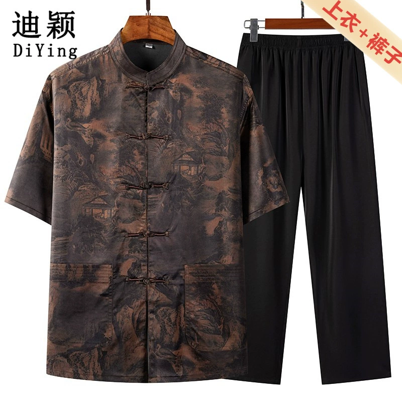 Новая одежда для пап, повседневные мужские костюмы среднего и пожилого возраста, костюмы Zhongshan, костюмы Тан, модные двухсекционные костюмы с принтом, большие размеры