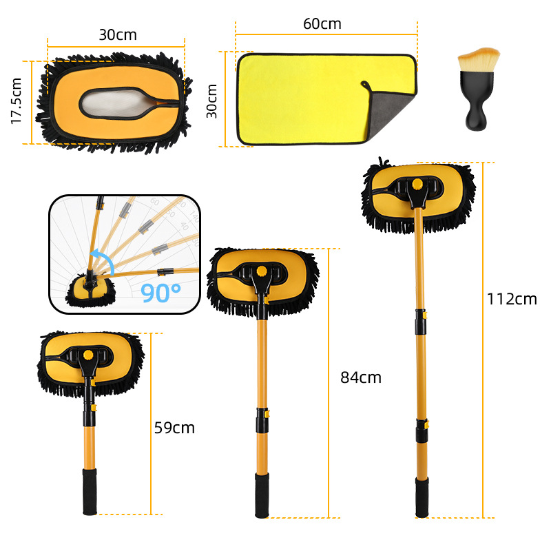 노란색과 검정색 3단 걸레 + 교체용 헤드 + 수건 + 틈새 브러시