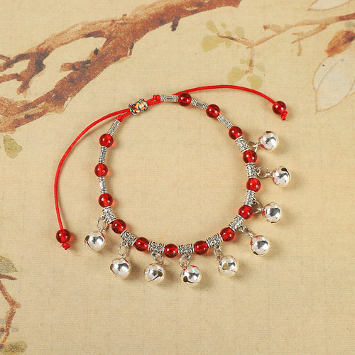 New red rope woven nine-bell crystal anklet that rings for women, high-end temperament, retro ethnic style hidden silver anklet