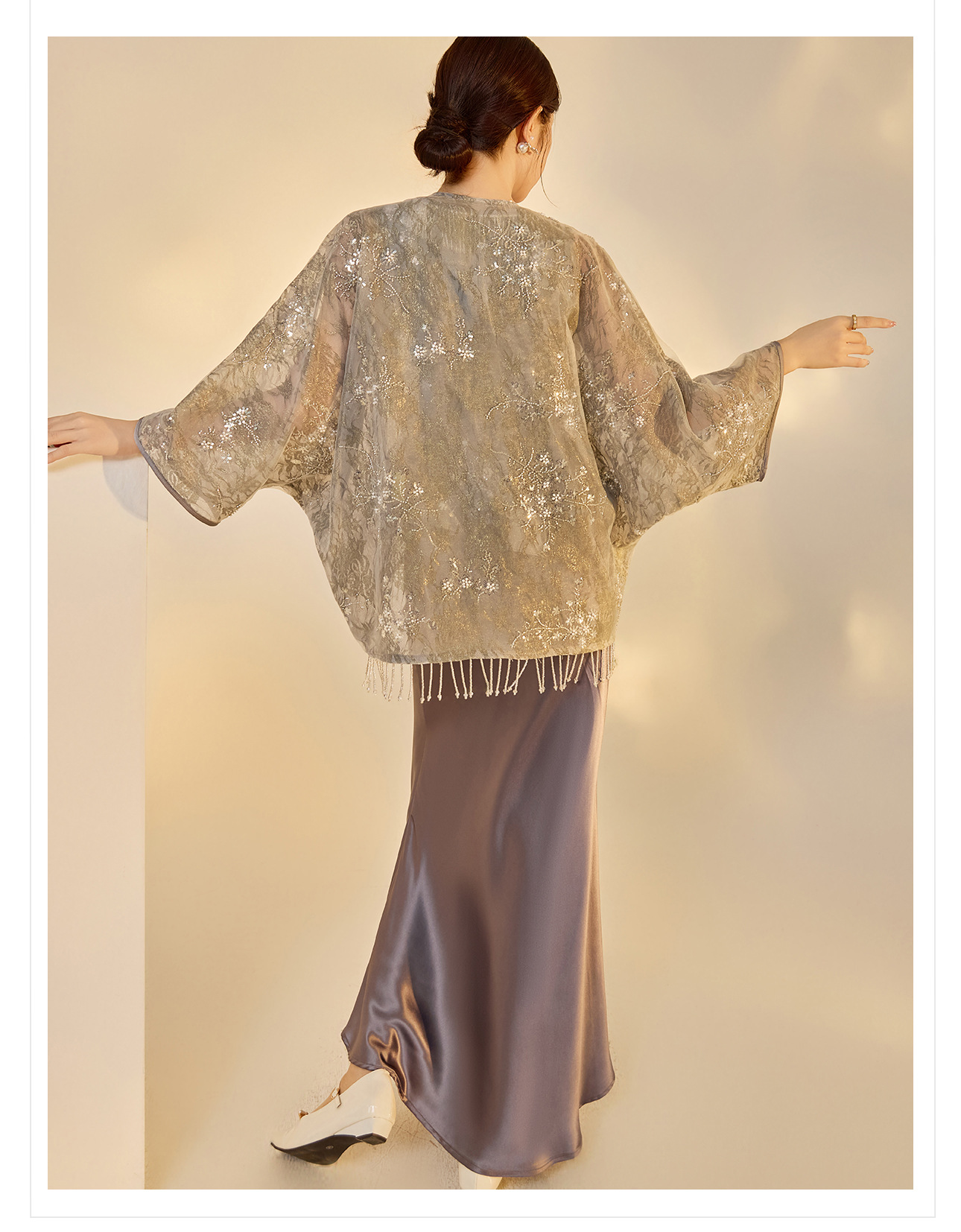 Set áo khoác jacquard thêu kim tuyến và chân váy phong cách Trung Hoa mới mùa hè — Màu xám nửa váy, Trang chủ chi tiết 13